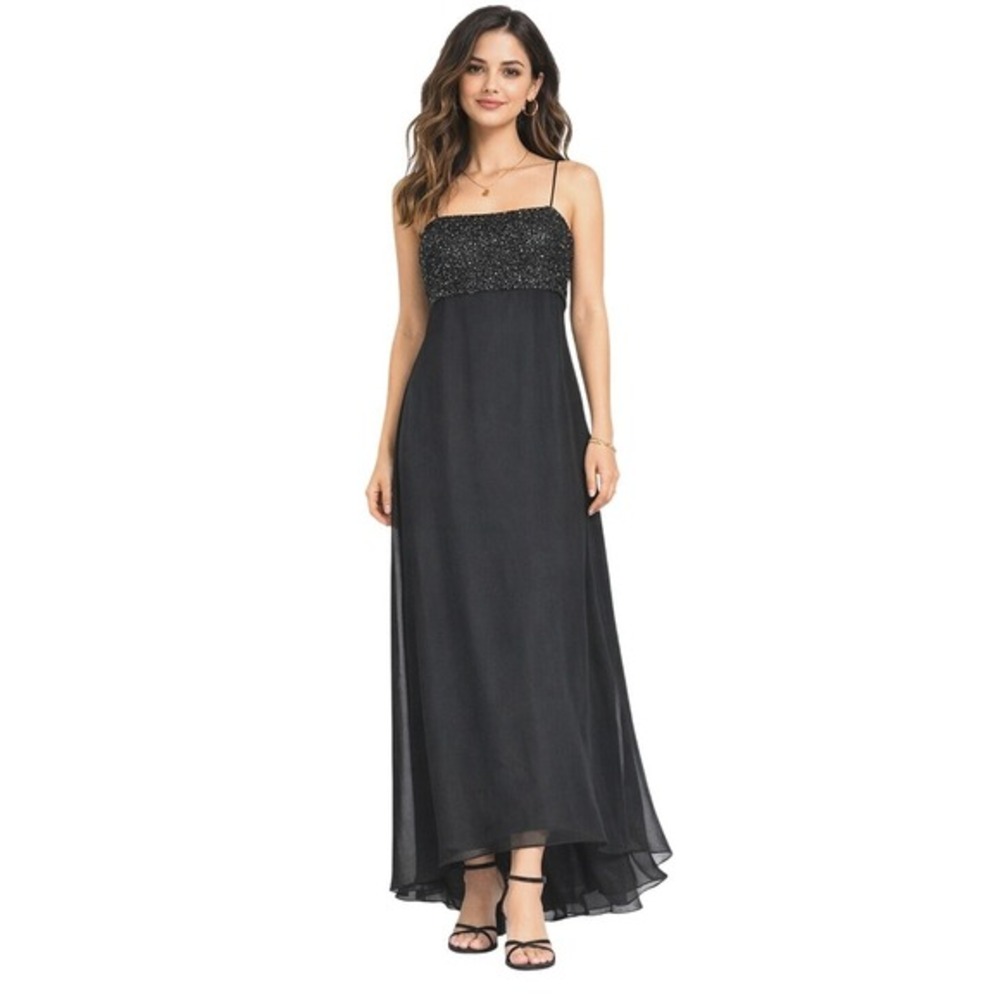 Black Chiffon Asymmetric Maxi Dress M Beaded Cocktail Empire Waist Wedding Guest